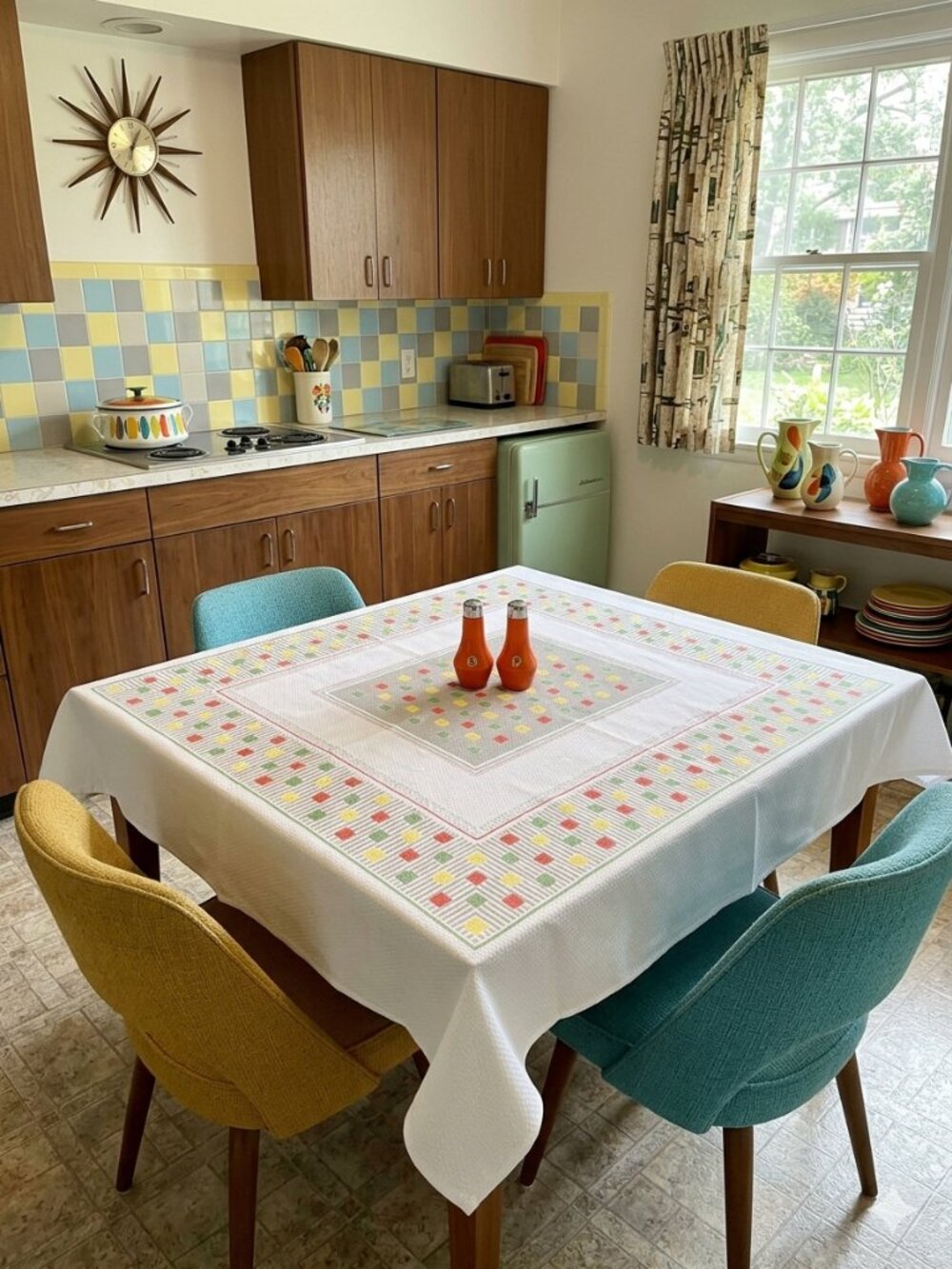 Vintage Mid Century Modern Geometric Square Print Tablecloth 46" x 51" Flawless